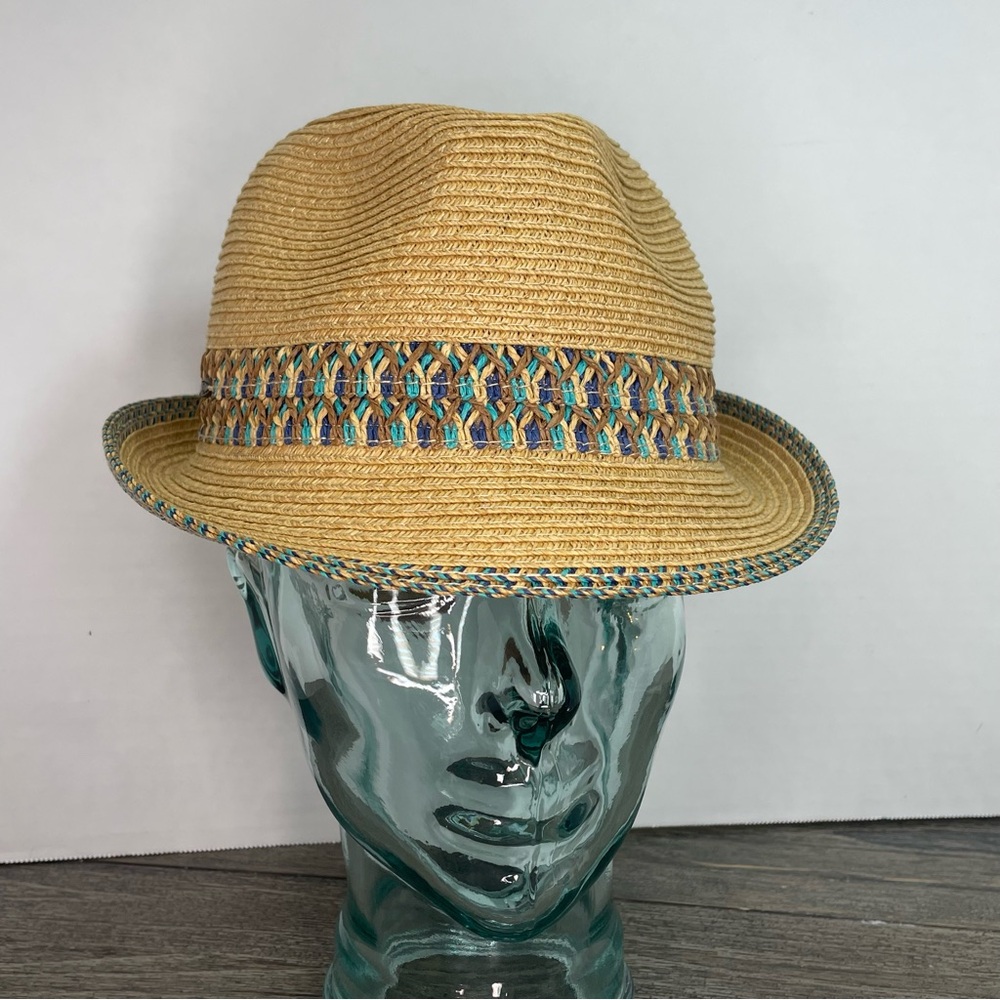 C.C Straw Fedora Hat with Turquoise and Purple Trim